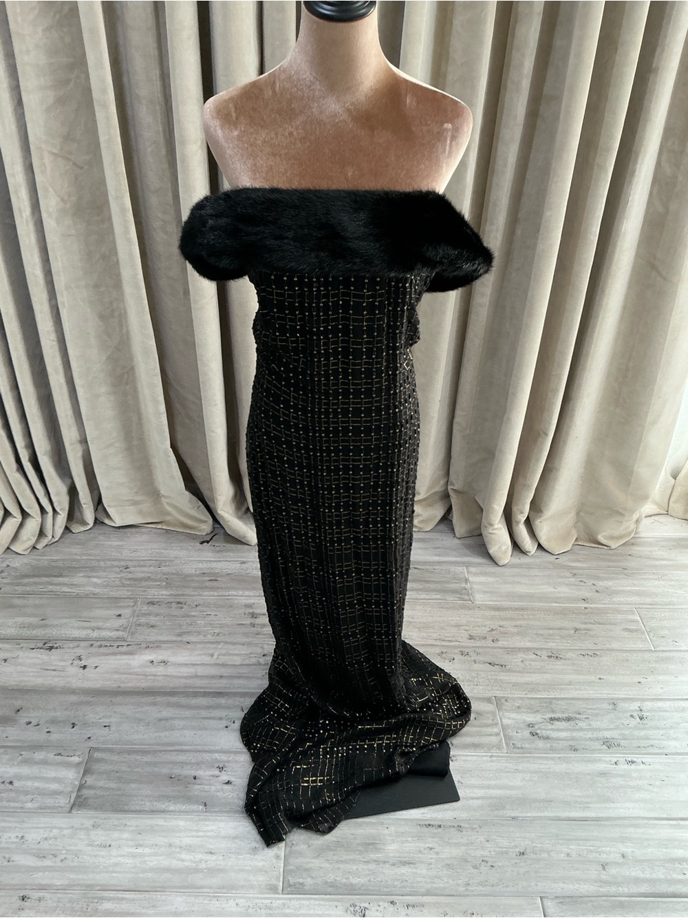 Badgley Mischka Black Silk Evening Dress with Faux Fur Trim